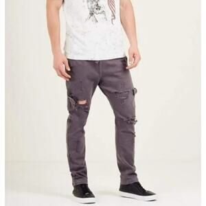 True Religion Jeans Mick Skinny Drawcord Denim Destroyed Pants Charcoal Mens 28